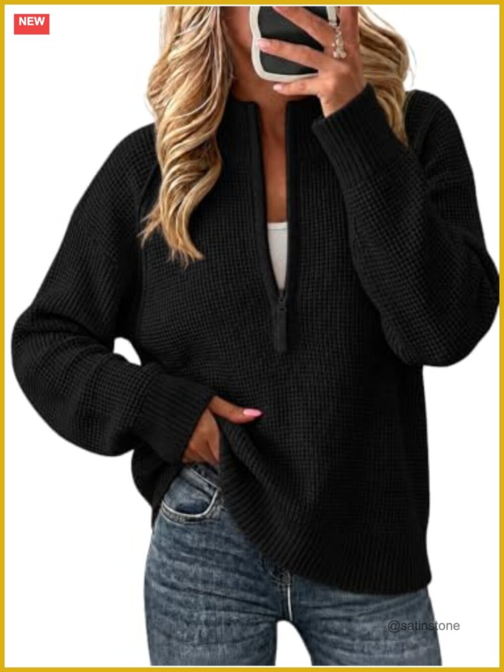 Waffle Knit Quarter Zip Pullover Sweater Long Sleeve Womens Top